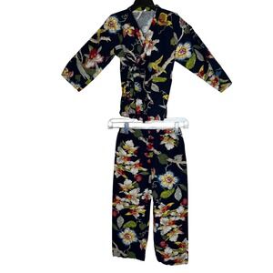 Wuanwuan Kids Navy Floral Bird Kimono Pajama Set 100% Cotton Size 120